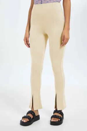 Women Beige High-Waist Straight Fit Trouser